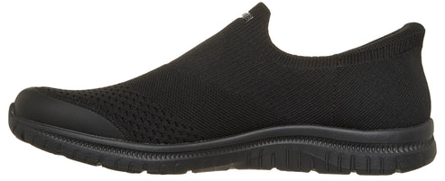 A black slip-on shoe with a textured upper and a low profile.