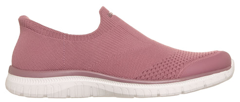 A mauve knitted sneaker with a white sole.