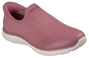 Slip-on casual shoe in mauve with a sock-like upper and white sole.