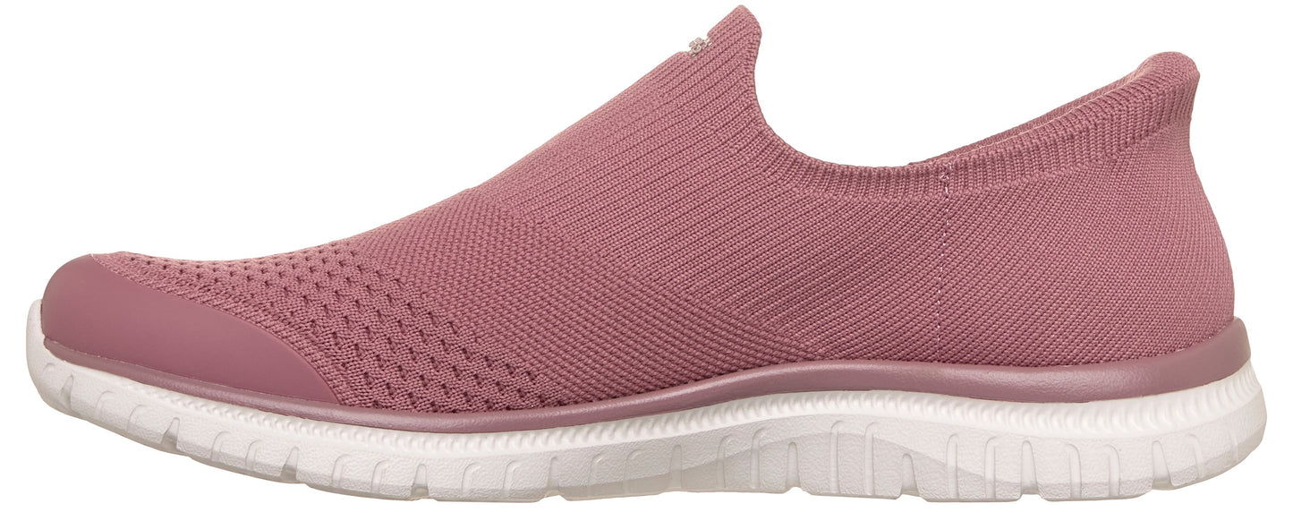 A pink knit slip-on shoe with a white sole.