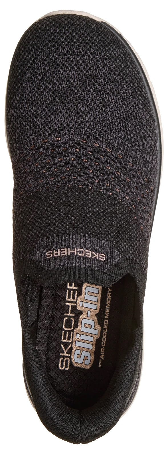 A top-down view of a black Skechers Slip-ins athletic sneaker with a textured knit upper and a black interior with Air-Cooled Memory Foam branding.