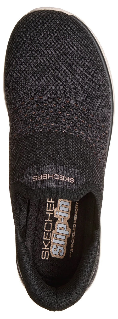 A top-down view of a black Skechers Slip-ins athletic sneaker with a textured knit upper and a black interior with Air-Cooled Memory Foam branding.