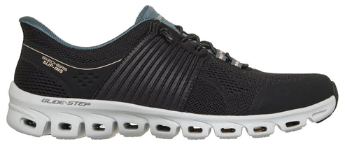 A black Skechers Slip-ins Glide-Step athletic shoe with a white, perforated, chunky sole, showing the lateral side with visible brand text on the upper and midsole.