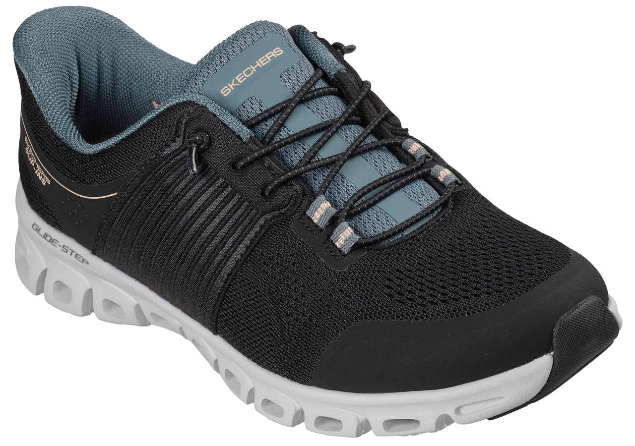 A black and blue athletic sneaker with a mesh upper, black bungee laces, a grey padded collar, and a white, geometric-patterned Glide-Step sole, angled to show the side and front.