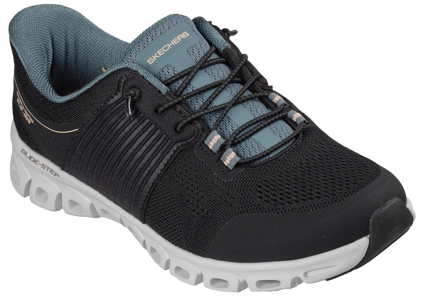 A black and blue athletic sneaker with a mesh upper, black bungee laces, a grey padded collar, and a white, geometric-patterned Glide-Step sole, angled to show the side and front.