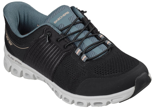 A black and blue athletic sneaker with a mesh upper, black bungee laces, a grey padded collar, and a white, geometric-patterned Glide-Step sole, angled to show the side and front.