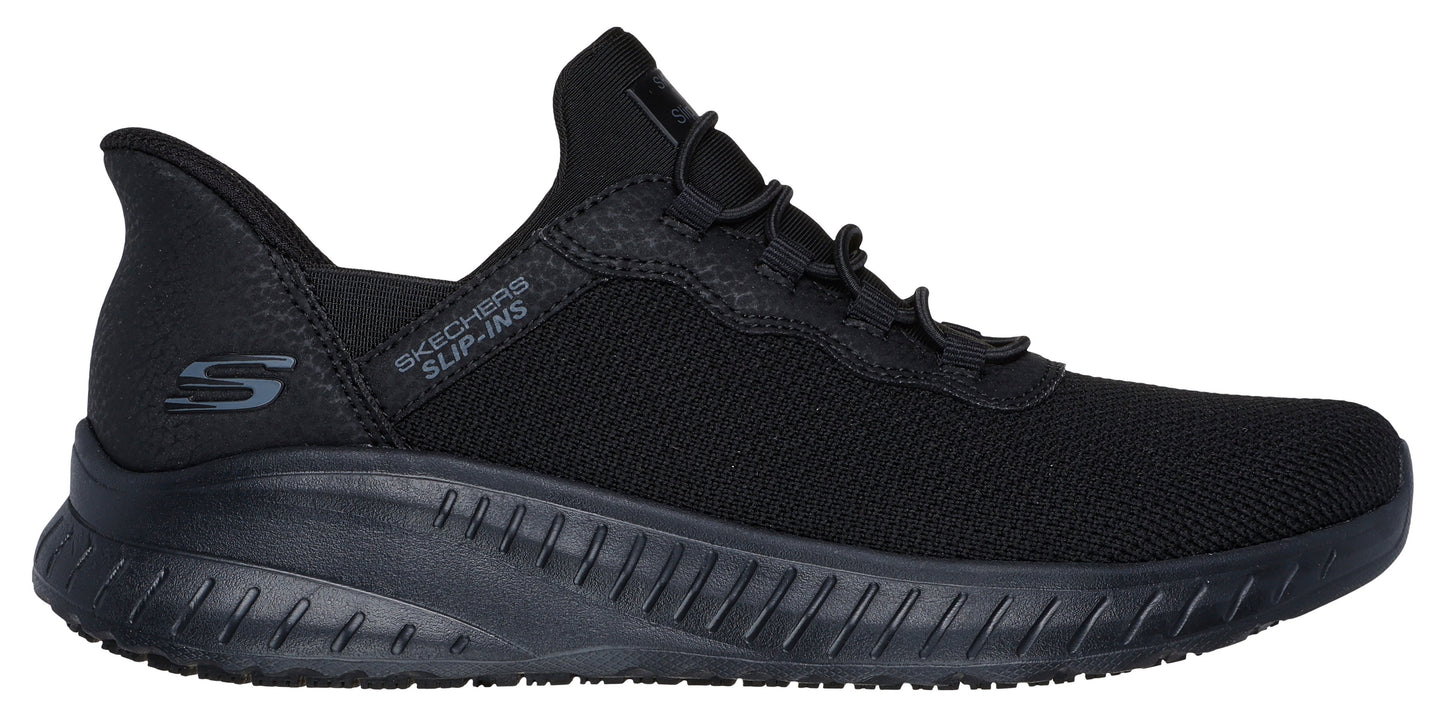 A black slip-on shoe with elastic laces and slip-ins printed on the side.