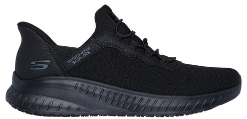 A black slip-on shoe with elastic laces and slip-ins printed on the side.