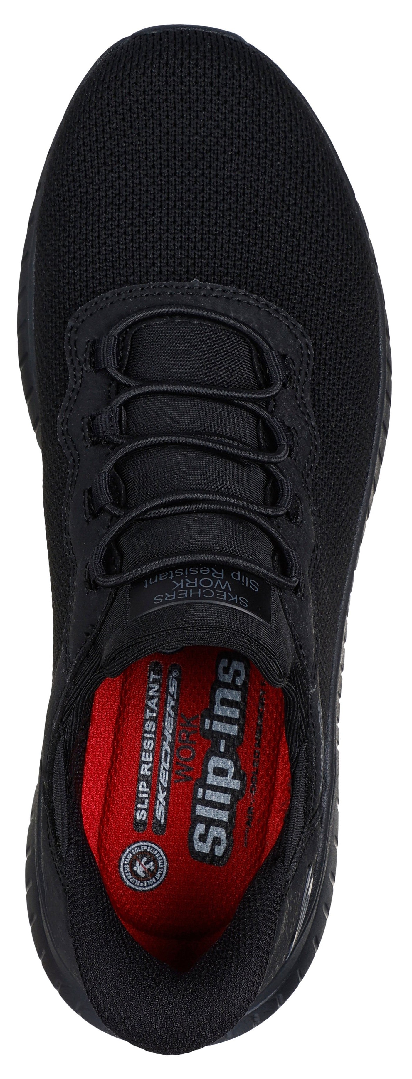 Black shoe with bungee lacing, red insole, and text "Slip-ins SLIP RESISTANT".