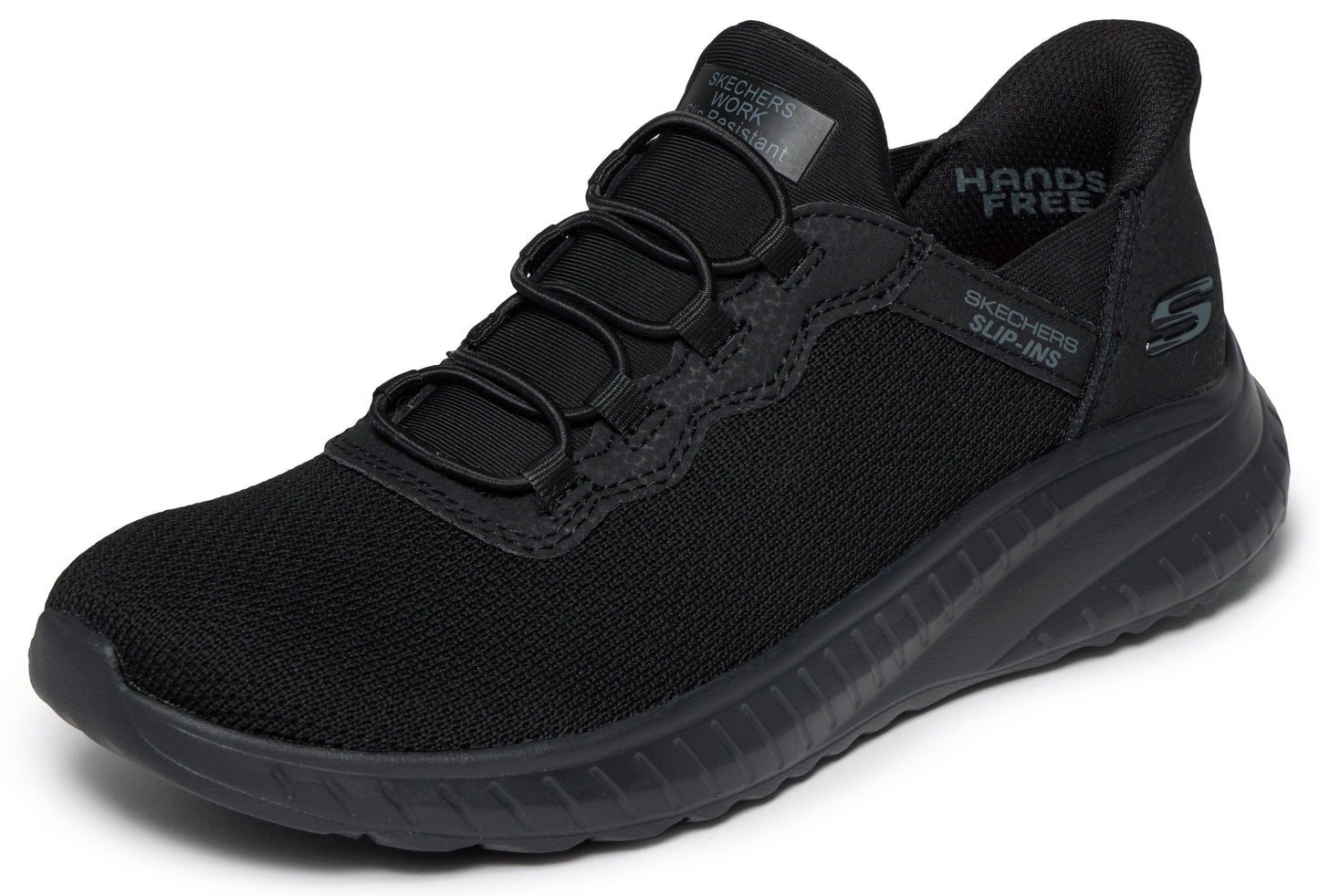 A black sneaker with a slip-on design and a Hands Free logo on the back.