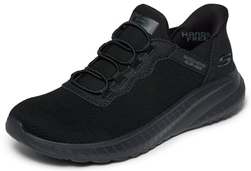 A black sneaker with a slip-on design and a Hands Free logo on the back.