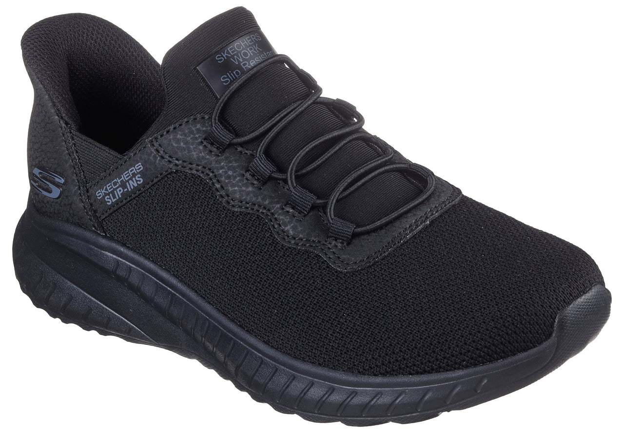 Black sneaker with elastic laces and pull tab.