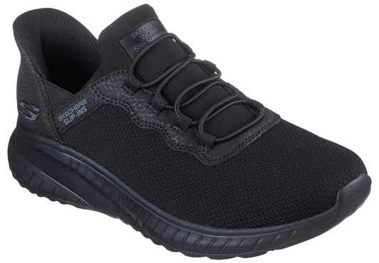 Black sneaker with elastic laces and pull tab.