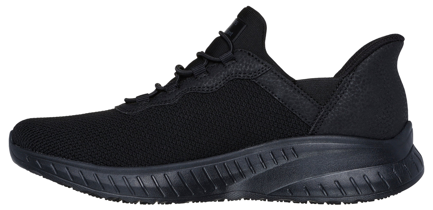 A black athletic shoe with a low profile.