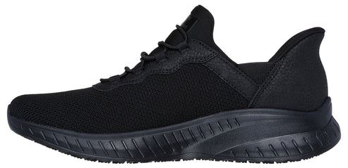 A black athletic shoe with a low profile.