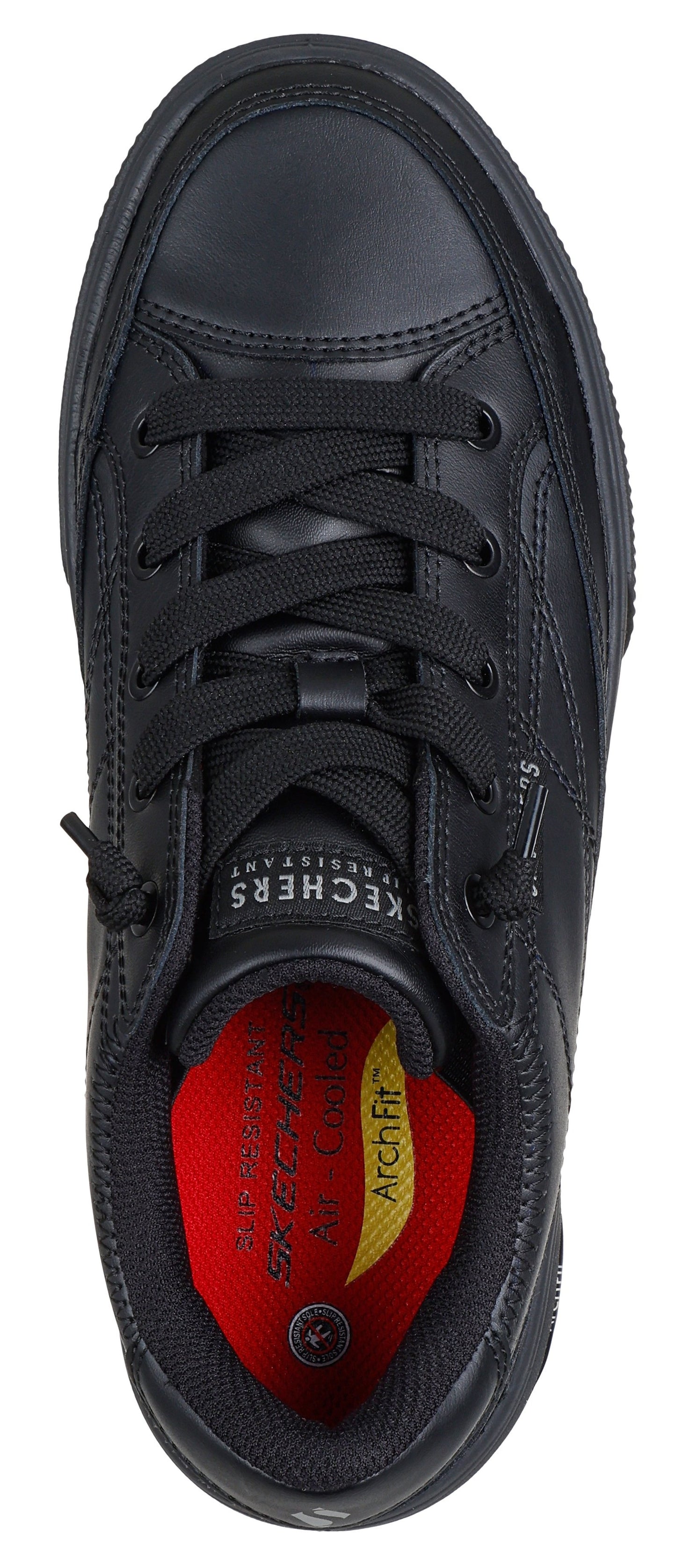 A top-down view of a black sneaker with black laces, a black sole, and a red and yellow insole that reads "Arch Fit."