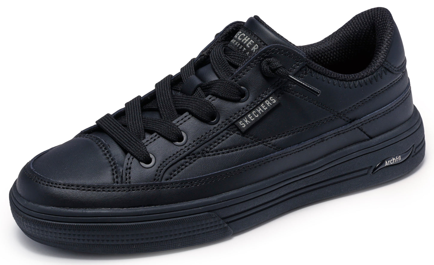 Black low top sneaker with laces and "SKECHERS" printed on side.