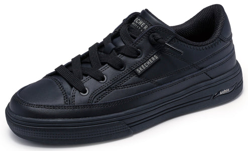 Black low top sneaker with laces and "SKECHERS" printed on side.