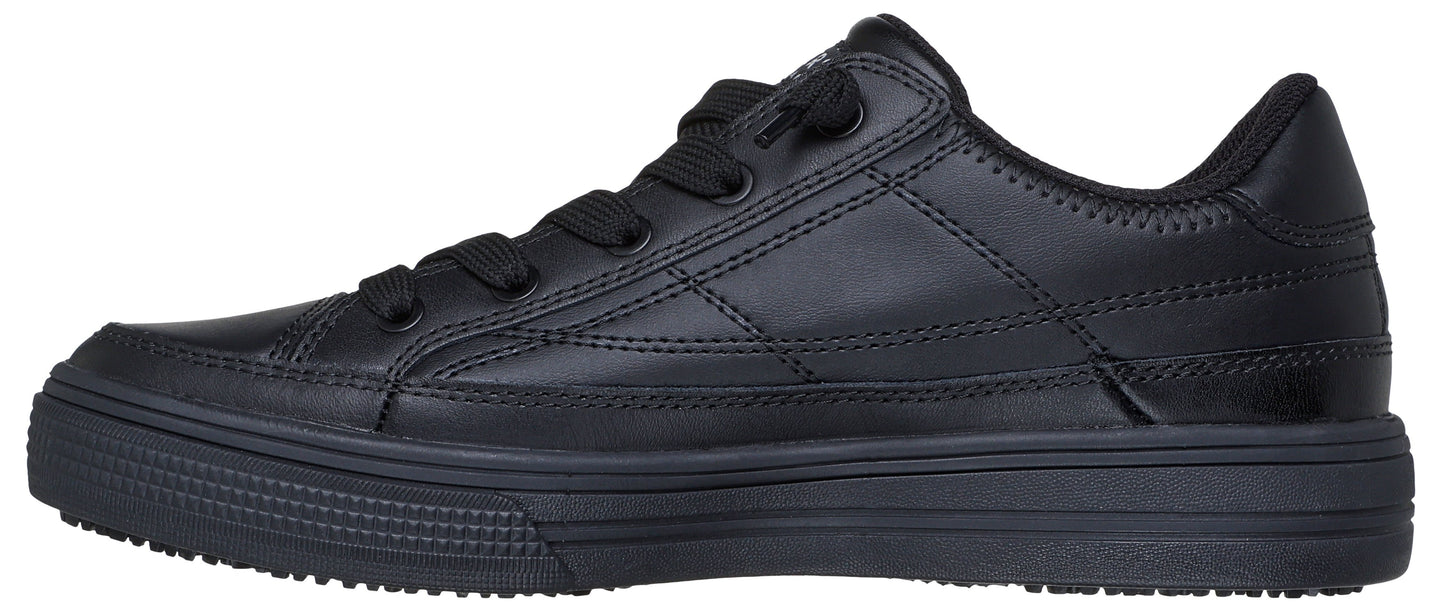 A black leather-like sneaker with black laces and a thick sole.
