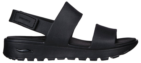 A black sandal with two straps and adjustable heel strap.