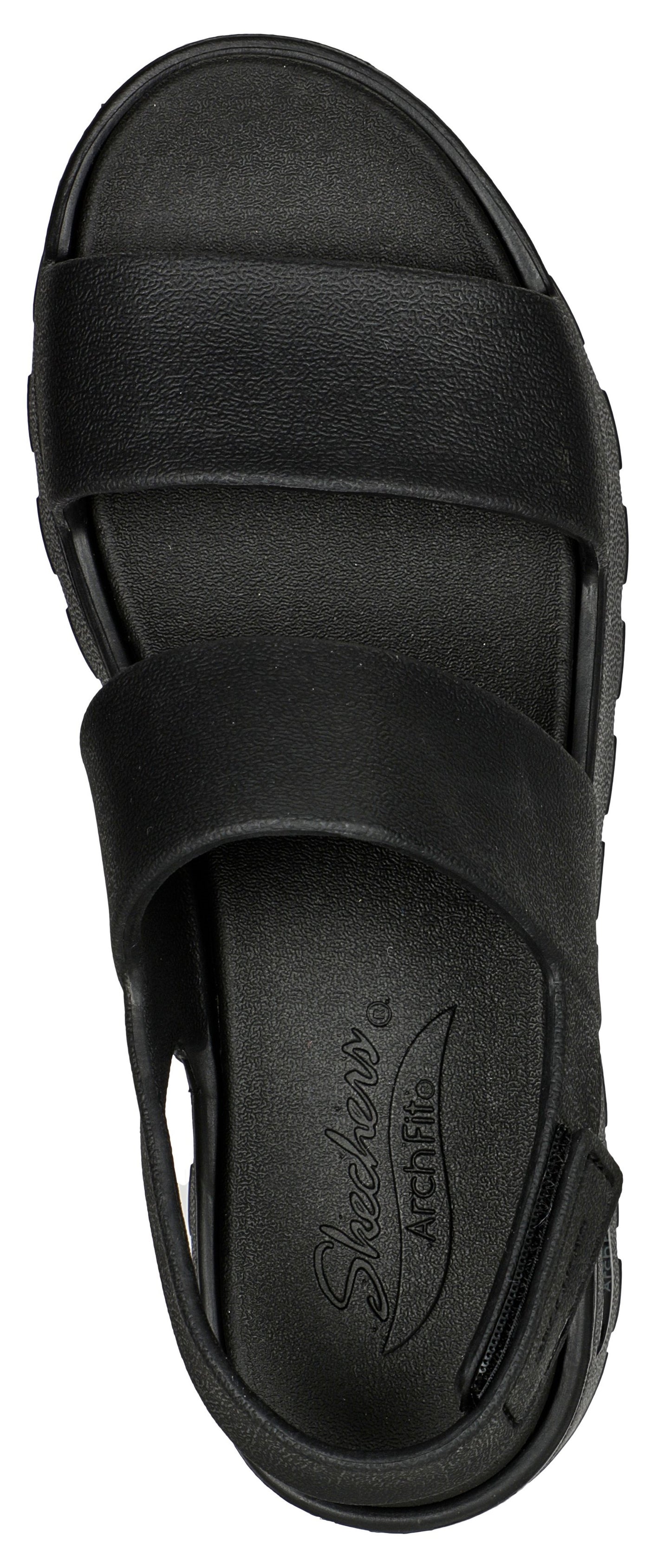 A black sandal with two straps and an open heel with text "Skechers Arch Fit" visible on the insole.