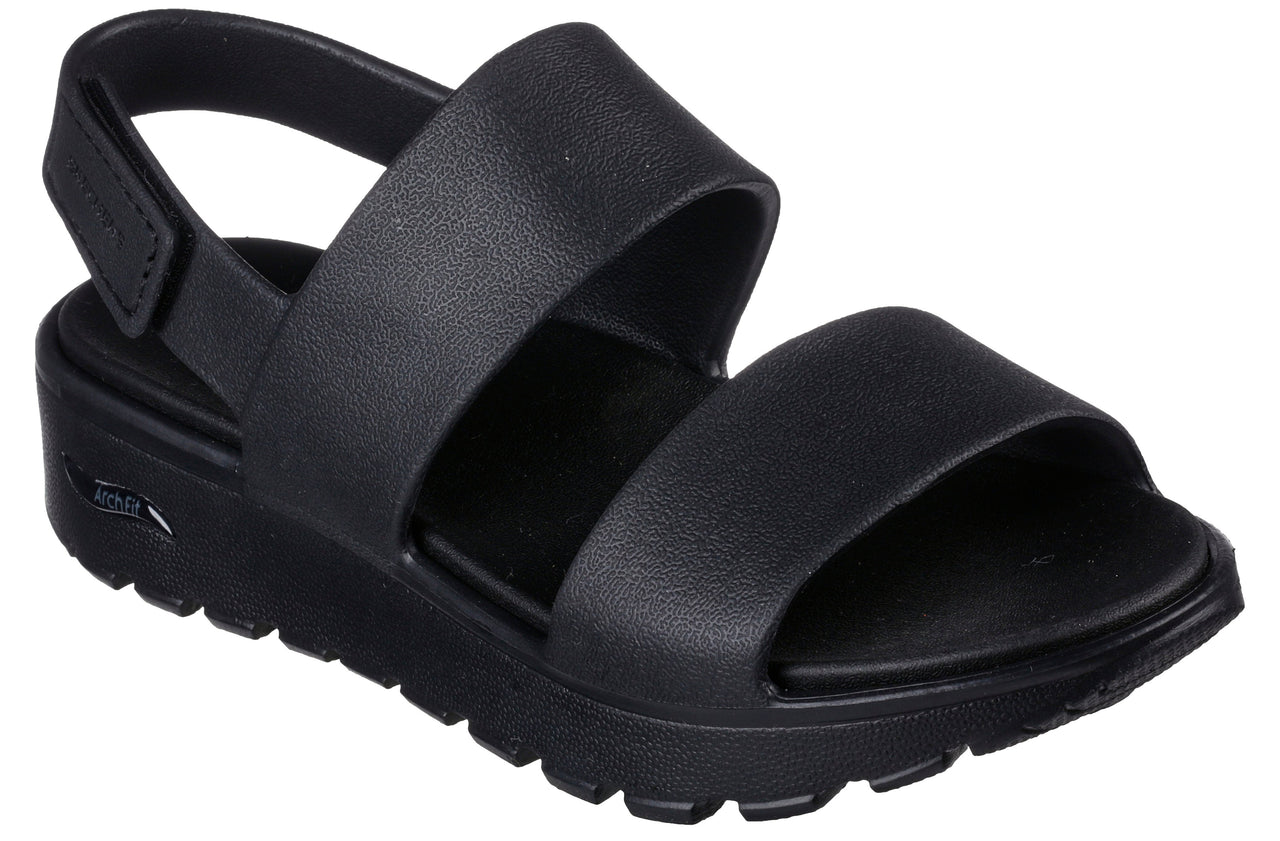 Black sandal with two straps and an adjustable heel strap.