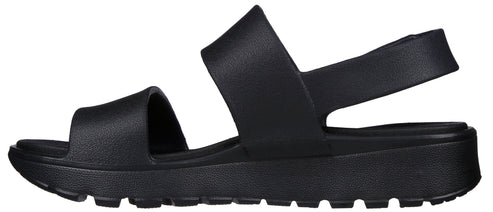 Black sandal with two straps and a thick sole.