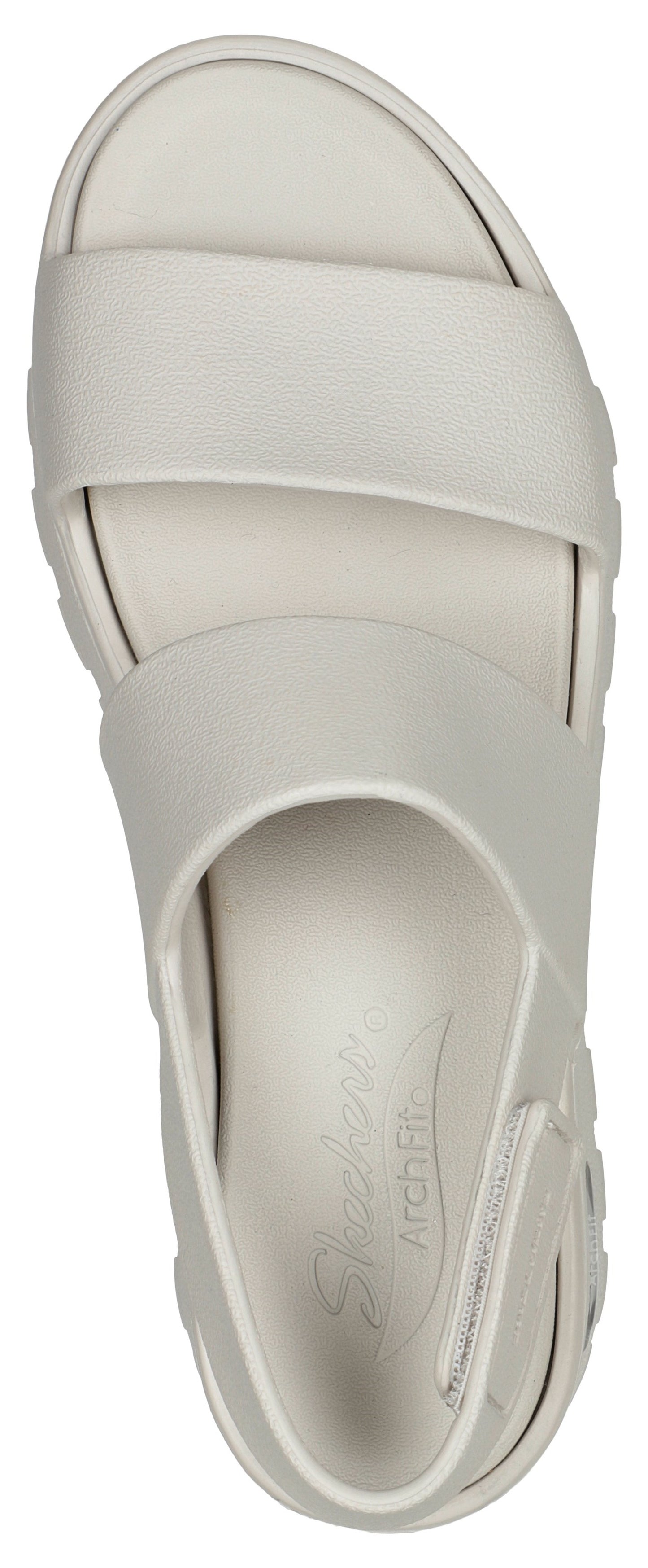 Overhead view of a sandal with two wide straps.