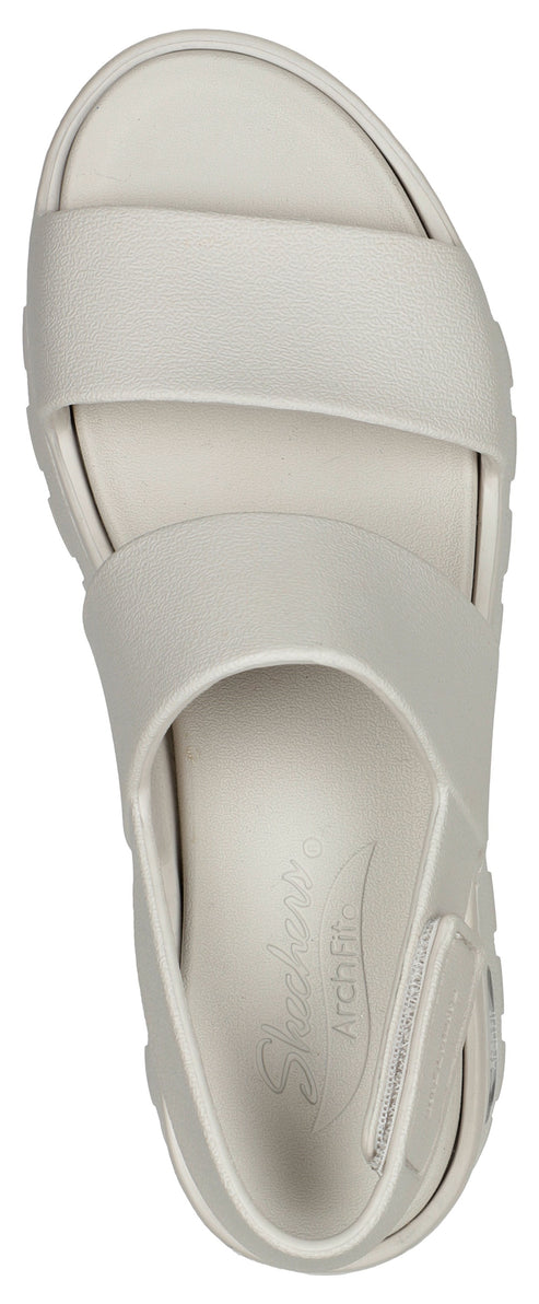 Overhead view of a sandal with two wide straps.