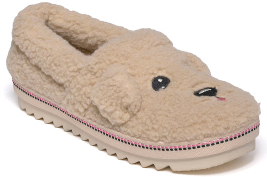 A beige plush dog-shaped slip-on slipper with fuzzy texture, embroidered black eyes and a small nose, featuring a thick ridged sole accented with a thin pink and white striped trim.