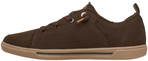 A profile view of a dark brown low-top canvas sneaker with a tan rubber sole, featuring frayed edge detailing along the stitching and brown laces through metal eyelets.