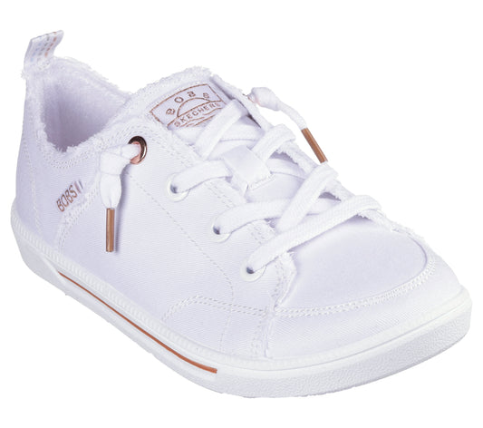 White low-top canvas sneaker with pull-on bungee laces, 'BOBS' logo on the side, and 'BOBS from SKECHERS' on the tongue.
