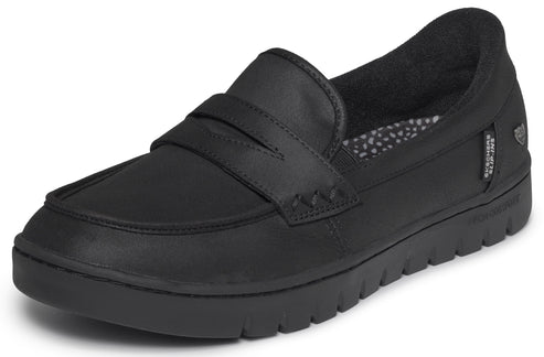 A black penny loafer shoe with a chunky, serrated sole, showing a soft leather-like upper with a classic strap across the top and a small black fabric tag on the side.