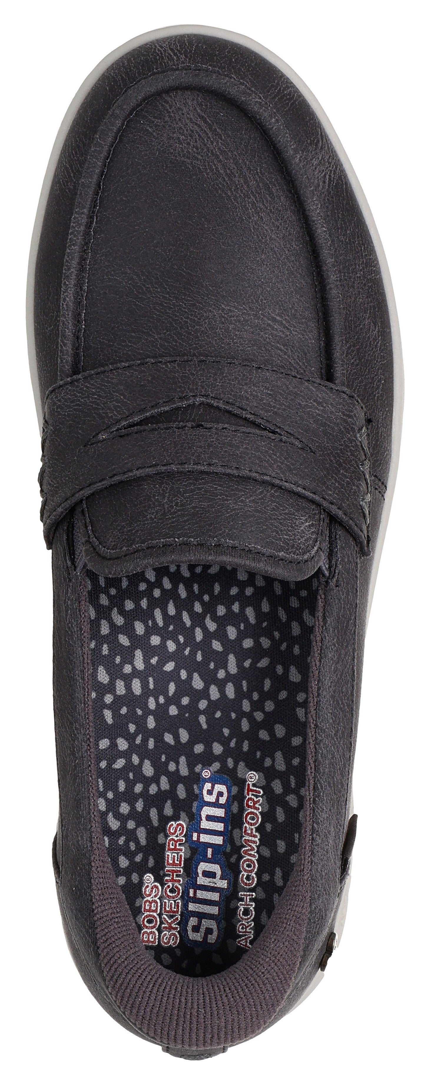 A top-down view of a dark gray loafer-style slip-on shoe with a moccasin-stitched toe and a black and white speckled insole with visible text reading BOBS SKECHERS slip-ins ARCH COMFORT.