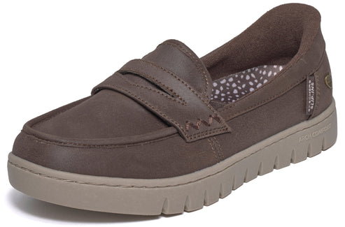 A brown slip-on loafer shoe with a light tan ridged sole, a moc-toe design, and a decorative strap across the top.