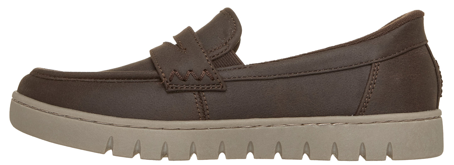 A brown leather loafer shoe with a thick, light-beige, serrated rubber sole, shown from a side view.