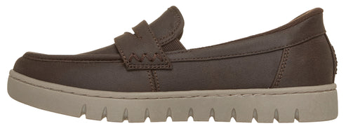 A brown leather loafer shoe with a thick, light-beige, serrated rubber sole, shown from a side view.