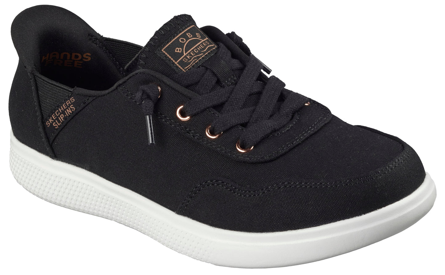 A black canvas sneaker with white sole, lace-up closure, and 'SKECHERS SLIP-INS' text on the side.
