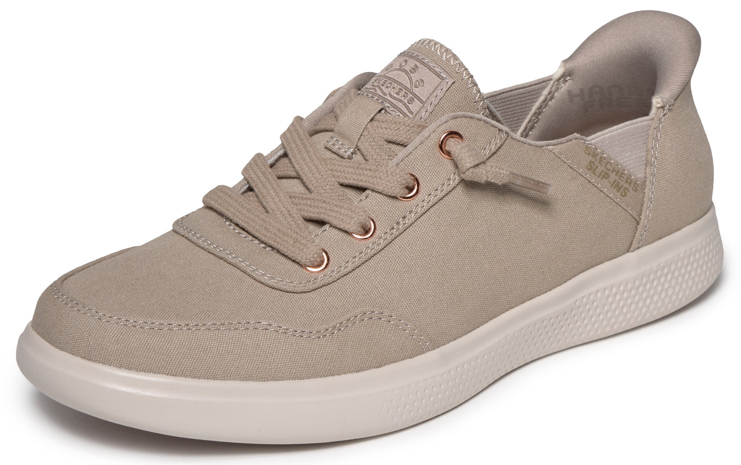 Tan casual shoe with laces and a white sole