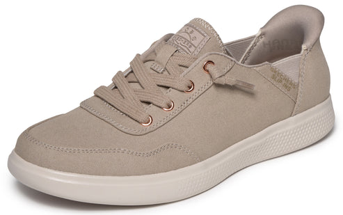 Tan casual shoe with laces and a white sole