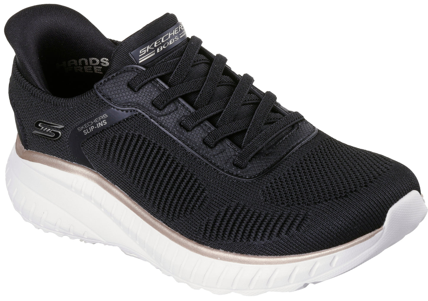 A black Skechers BOBS Slip-ins athletic shoe with a thick white cushioned sole, featuring black laces, a textured knit upper, and metallic rose gold trim between the upper and sole.