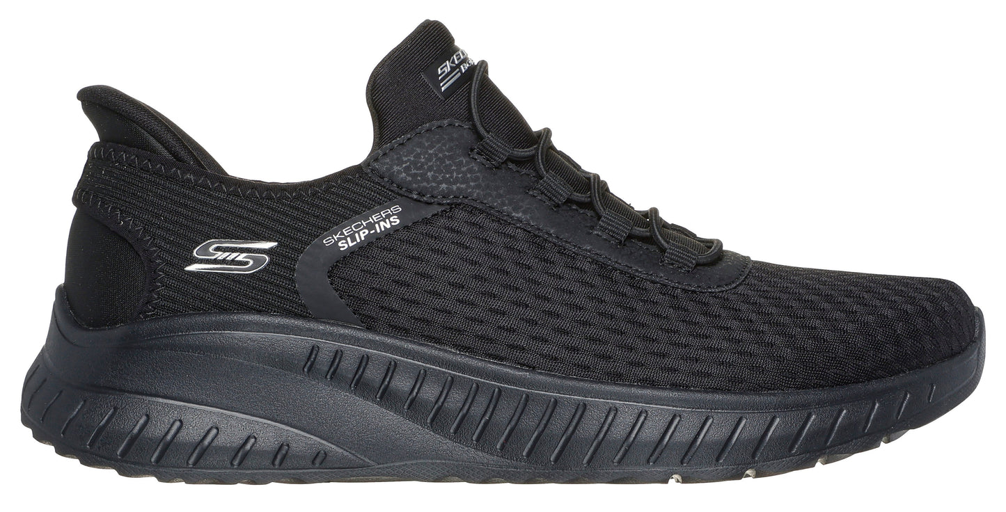 Black running shoe with mesh upper, pull tab, and text 'SLIP-INS' on side.