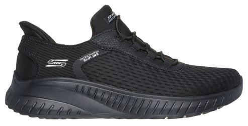 Black running shoe with mesh upper, pull tab, and text 'SLIP-INS' on side.