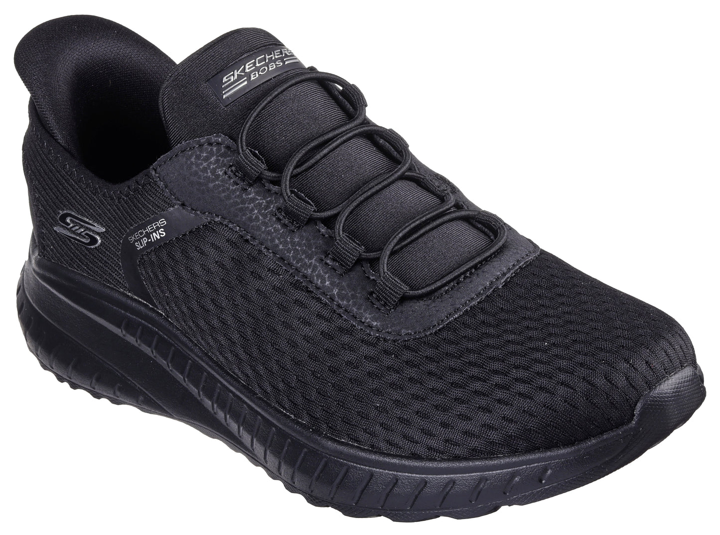 Black slip-on sneaker with mesh upper, bungee laces, and thick sole.