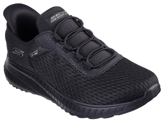 Black slip-on sneaker with mesh upper, bungee laces, and thick sole.