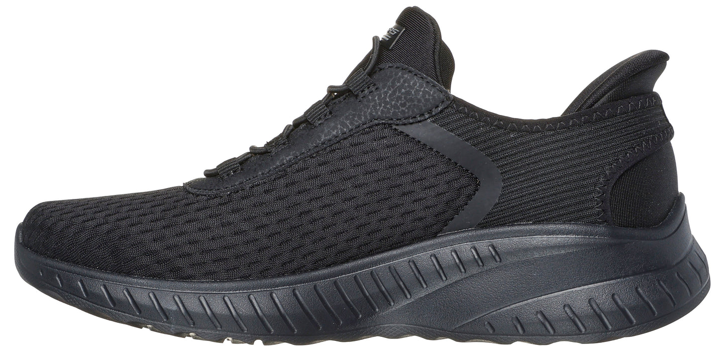 A black running shoe with a thick sole.