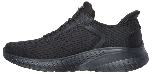 A black running shoe with a thick sole.
