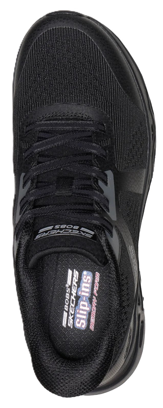 A top-down view of a black Skechers BOBS Sport slip-in athletic sneaker with a mesh upper, laces, and branding visible on the tongue and insole.