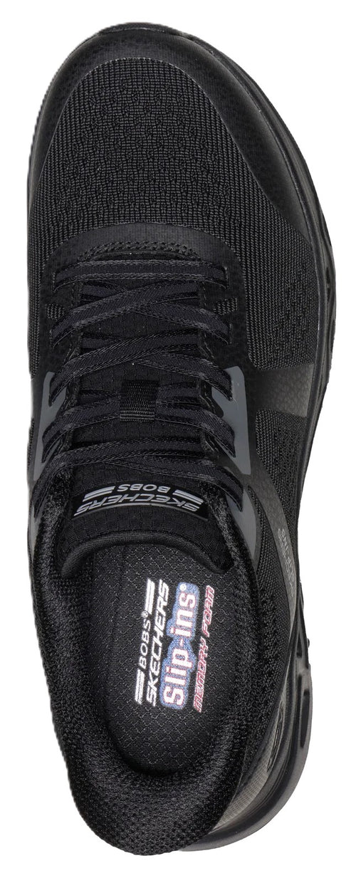 A top-down view of a black Skechers BOBS Sport slip-in athletic sneaker with a mesh upper, laces, and branding visible on the tongue and insole.