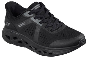 A black Skechers Bobs Slip-ins sneaker featuring a breathable mesh upper with synthetic overlays, a lace-up front, a padded collar, and a signature cut-out Glide-Step midsole.